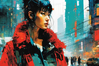 (double_exposure:1.5), blade runner city and  close up face of 1girl, art by Ian McQue,cyberpunk city,red fuzzy coat,Taipei 101,