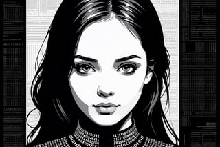 1girl,portrait composed of typographical elements,ASCII art aesthetic,monochrome,intricate details,creative use of letter shapes and negative space,high contrast,post-digital,