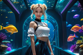 photo realistic, full color, (cyber punk:1.3, neon lighting, fractal illumination:1.23), dynamic posing, upper body from below, (OverallDetail:1.1), (floating glowing jellyfish and fish in the midnight aquarium:1.23), (a smiling exquisitely beautiful European actress enjoys in arch shaped glass corridor of a midnight aquarium and wearing half-sleeves school uniform :1.23), abs waist, blonde color Low bun, (fair skin:1.1), (slim face:1.1), (yellow eyes clear eyes:1.1, symmetrical eyes), long nose.,