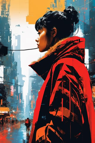 (double_exposure:1.5), blade runner city and  close up face of 1girl, art by Ian McQue,cyberpunk city,red fuzzy coat,Taipei 101,