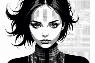 1girl,portrait composed of typographical elements,ASCII art aesthetic,monochrome,intricate details,creative use of letter shapes and negative space,high contrast,post-digital,