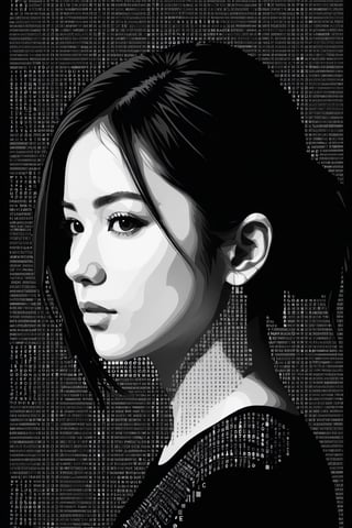 1girl,portrait composed of typographical elements,ASCII art aesthetic,monochrome,intricate details,creative use of letter shapes and negative space,high contrast,post-digital,