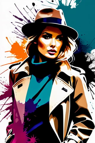 (ink color portrait:1.1), wanderer in a moody street portrait, a stylish determined woman in a trench coat and hat, (abstract color ink splash explosion:1.2)