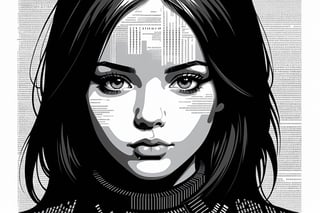 1girl,portrait composed of typographical elements,ASCII art aesthetic,monochrome,intricate details,creative use of letter shapes and negative space,high contrast,post-digital,