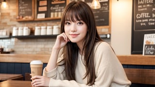 masterpiece, best quality,(solo:1.7), 1girl, medium hair,swept bangs,smirk,casual outfit,detailed skin,coffee shop,seating,photorealistic, raw photo,standing,looking_at_viewer