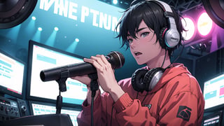 1man,black hair,short hair,masterpiece,best quality,detailed background,solo,looking at viewer,Inside a recording studio, a male artist stands in front of a microphone, headphones on, passionately recording a new track, focused on the performance,depth of field