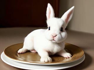 (High quality), (High detail), high quality, white baby rabbit, whole body, furry, blue eyes, lying on the plate, innocent, movie-like atmosphere, high color, perfect light