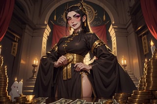 (High quality), (Beautiful composition), (Exquisite facial features), 35-year-old woman, black hair, exquisite makeup, fangs, thin waist, charming smile, evil aura, Chinese god costumes, greedy devil, sacred light , gold coins, banknotes, gold, valuables, temptation, luxury hell, helpless ghost behind, movie-like atmosphere, perfect light