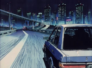 exterior, sedan driving on empty highway at night, shinjuku megacity background, 1980's, indigo wcitychiaroscuro atmospheric ,art,drawing,illust,anime,3d,photorealism,all in one,base,sdxl