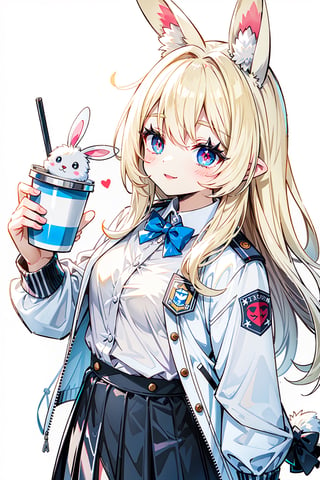 (masterpiece, best quality, high resolution: 1.3), super resolution image, beautiful hands, perfect anatomy, human, single, 1 person, 18 year old female, furry, animal, bunny, bunny girl, white Skin, human hands, rabbit tail, rabbit ears, cute, feminine aura, weak, slender, coquettish, ((blonde hair)), deep smile, side parted, long straight hair, ((red pupils)), erotic aura, A cup, slim waist, female, ((white shirt)), ((student uniform) )), ((uniform jacket)), (student skirt), white background, FurryCore,nj5furry