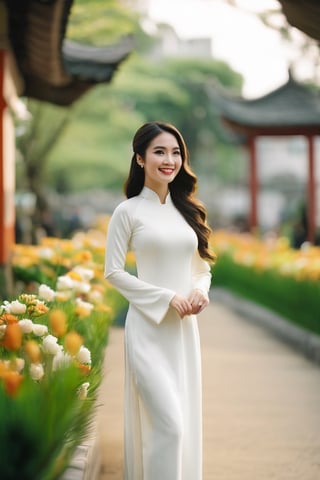 (Masterpiece, best quality, ultra realistic,32k, RAW photo, detail skin, 8k uhd, dslr, high quality, film grain:1.5),1girl, white ao dai, pants,  long hair, looking at viewer, smile, black hair, long sleeves, dress, jewelry, standing, flower, earrings, outdoors, white dress, blurry, black eyes, blurry background, realistic, 16mm film live soft color
