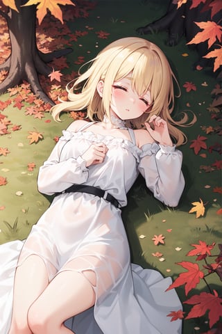 1girl, dress, autumn_leaves, closed_eyes, solo, white_dress, autumn, long_sleeves, on_back, lying, outdoors, parted_lips, closed_mouth, bangs, blush, eyebrows_visible_through_hair, blonde_hair, leaf, tree, sleeping