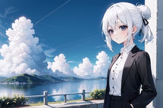 sole_female, mature female, pale skin, white hair, straight hair, high bun, black eyes, loose plain short black office jacket, plain white shirt, plain white formal pants, white shoes, portrait, blue sky, clouds, scenery, Detailedface, high_res, high quality, masterpiece, 8K