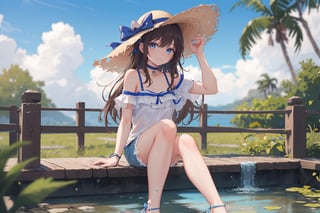 Masterpiece, best quality, ultra detailed, extremely detailed, sharp focus, 1girl, bare shoulders, blue eyes, blue ribbon, blurry, blurry background, brown hair, choker, denim, depth of field, hat, hat ribbon, long hair, looking at viewer, outdoors, ribbon, ribbon choker, sandals, shorts, sitting, smile, solo, sun hat, water