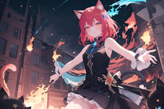 Masterpiece, best quality, ultra detailed, extremely detailed, sharp focus, (bright blue flames surround everything), 1girl, cat ears, glowing red hair, yellow eyes, black dress, high-low skirt, glowing flowers, shiny, glitter, outside, night, dust_particles, dynamic pose bare shoulder, (sleeveless, flame, blue_fire