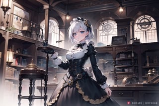 vibrant colors, female, masterpiece, sharp focus, best quality, depth of field, cinematic lighting, ((solo, one woman )), (illustration, 8k CG, extremely detailed), masterpiece, ultra-detailed, photograph, Gears, Cogs, Steam-powered Contraptions, Victorian Era, Airships, Clockwork Devices, Steampunk Girl, Steampunk Character