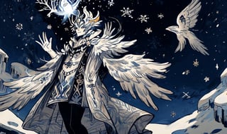   Boreas celestial god of winter, god of blizzards, lord of snowflakes, a sigil of snowflakes dance around its celestial body,High detailed ,Color magic,Saturated colors,cartoon