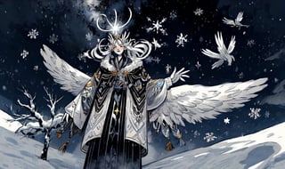   Boreas celestial god of winter, god of blizzards, lord of snowflakes, a sigil of snowflakes dance around its celestial body,High detailed ,Color magic,Saturated colors,cartoon