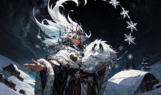   Boreas celestial god of winter, god of blizzards, lord of snowflakes, a sigil of snowflakes dance around its celestial body,High detailed ,Color magic,Saturated colors,cartoon