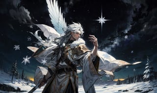   Boreas celestial god of winter, god of blizzards, lord of snowflakes, a sigil of snowflakes dance around its celestial body,High detailed ,Color magic,Saturated colors,cartoon