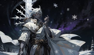   Boreas celestial god of winter, god of blizzards, lord of snowflakes, a sigil of snowflakes dance around its celestial body,High detailed ,Color magic,Saturated colors,cartoon