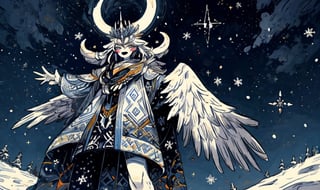   Boreas celestial god of winter, god of blizzards, lord of snowflakes, a sigil of snowflakes dance around its celestial body,High detailed ,Color magic,Saturated colors,cartoon