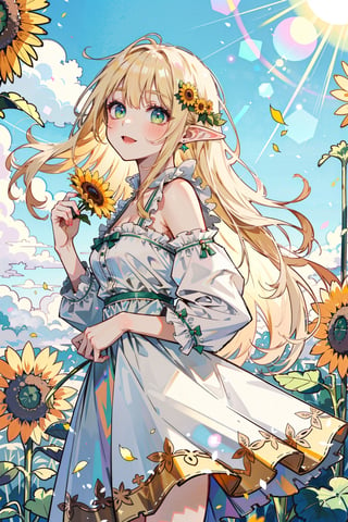 (masterpiece, best quality, highres:1.3), ultra resolution image, (1girl), (solo), kawaii, blonde hair, long flowing hair, elf, emerald eyes, gentle breeze, sunflowers, sunflower field, petal, sparkling magic, (soft sunlight:1.3), fantasy, nature accessories, happy