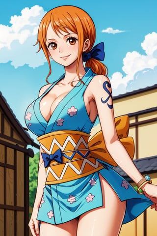 masterpiece, best quality, highres, nami (one piece), long hair, orange hair, low ponytail, hair bow, blue bow, brown eyes, collarbone, cleavage, short kimono, blue kimono, sleeveless, bare arms, bracelet, sash, obi, , standing, cowboy shot, smile, outdoors