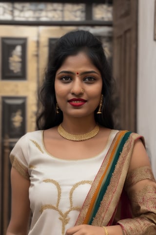 Full portrait of beautiful Indian woman in white colour kurti, tricolour dupatta , glamorous bold makeup, vibrant red detailed lips, beautiful eyes, elegant pose, ultra realistic, 8k, realistic, cinematic lighting, looking at camera ,hyper detail ,happy looks,Praval,photorealistic, housewife, bright white skin,salwar, <white> dress, embroidery,wearing wrenchpjbss, shoulder length hair 