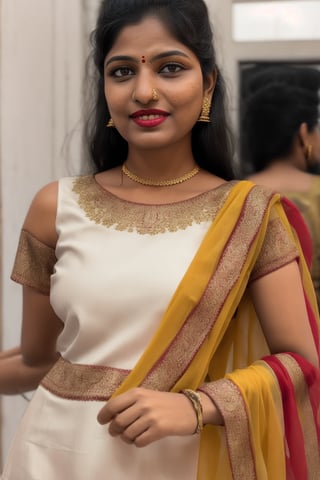 Full portrait of beautiful Indian woman in white colour kurti, tricolour dupatta , glamorous bold makeup, vibrant red detailed lips, beautiful eyes, elegant pose, ultra realistic, 8k, realistic, cinematic lighting, looking at camera ,hyper detail ,happy looks,Praval,photorealistic, housewife, bright white skin,salwar, <your_color> dress, embroidery,wearing wrenchpjbss, shoulder length hair 