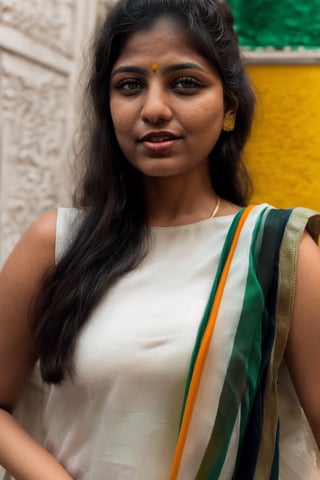 Full portrait of beautiful Indian woman in plain white colour proper sleeveless kurti, ((Indian tricolour saffron, white, green dupatta)) , glamorous bold makeup, beautiful vibrant red lips, beautiful black eyes, elegant pose, ultra realistic, 8k, realistic, natural lighting, looking at camera ,hyper detail,Praval,photorealistic, housewife, bright white skin,salwar,wearing wrenchpjbss, <your_color> dress, happy,, close up photo , ((closed_mouth)), ((Indian Independence Day primary school kids background))