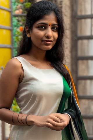 Full portrait of beautiful Indian woman in plain white colour proper sleeveless kurti, ((Indian tricolour saffron, white, green dupatta)) , glamorous bold makeup, beautiful vibrant red lips, beautiful black eyes, elegant pose, ultra realistic, 8k, realistic, natural lighting, looking at camera ,hyper detail,Praval,photorealistic, housewife, bright white skin,salwar,wearing wrenchpjbss, <your_color> dress, happy,, close up photo , ((closed_mouth)), ((Indian Independence Day primary school kids background))