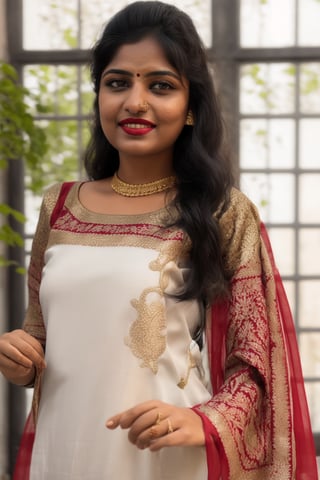 Full portrait of beautiful Indian woman in white colour kurti, tricolour dupatta , glamorous bold makeup, vibrant red detailed lips, beautiful eyes, elegant pose, ultra realistic, 8k, realistic, cinematic lighting, looking at camera ,hyper detail ,happy looks,Praval,photorealistic, housewife, bright white skin,salwar, <your_color> dress, embroidery,wearing wrenchpjbss, shoulder length hair 