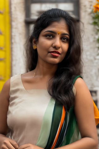 Full portrait of beautiful Indian woman in plain white colour proper sleeveless kurti, ((Indian tricolour saffron, white, green dupatta)) , glamorous bold makeup, vibrant red lips, beautiful black eyes, elegant pose, ultra realistic, 8k, realistic, natural lighting, looking at camera ,hyper detail,Praval,photorealistic, housewife, bright white skin,salwar,wearing wrenchpjbss, <your_color> dress, happy,, close up photo , ((closed_mouth)), ((Independence's Day primary school background ))