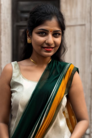 Full portrait of beautiful Indian woman in plain white colour proper sleeveless kurti, ((Indian tricolour saffron, white, green dupatta)) , glamorous bold makeup, vibrant red lips, beautiful black eyes, elegant pose, ultra realistic, 8k, realistic, natural lighting, looking at camera ,hyper detail,Praval,photorealistic, housewife, bright white skin,salwar,wearing wrenchpjbss, <your_color> dress, happy,, close up photo 