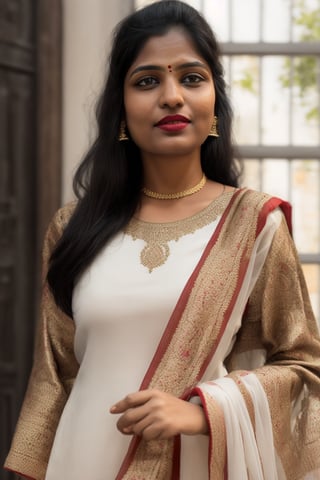 Full portrait of beautiful Indian woman in white colour kurti, tricolour dupatta , glamorous bold makeup, vibrant red detailed lips, beautiful eyes, elegant pose, ultra realistic, 8k, realistic, cinematic lighting, looking at camera ,hyper detail ,happy looks,Praval,photorealistic, housewife, bright white skin,salwar, <your_color> dress, embroidery,wearing wrenchpjbss