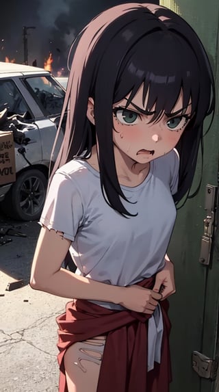 girl, only seen from the waist up, girl with torn clothes, angry face, about to hit, desperate, staring at you, face of disappointment, screaming, in the background everything destroyed, war background.,gotoh hitori