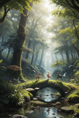 A flock of fairy tails carry out their activities in a magical forest, a fairy tale 