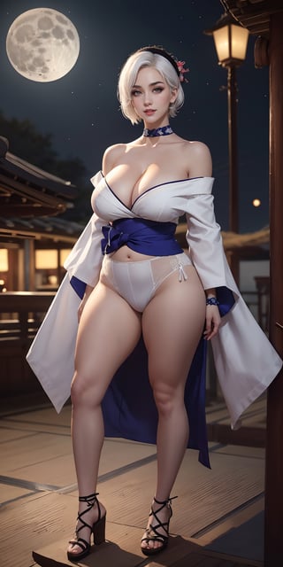 More Detail, Detailedface, Detailedeyes, ((1 girl, adorable, happy)), ((cleavage, bare shoulders, kimono, off shoulder, wide sleeves)), (headband, white hair, short hair, makeup), (large breasts, large ass, thick thighs, wide hips, abs, voloptuous), background moon 