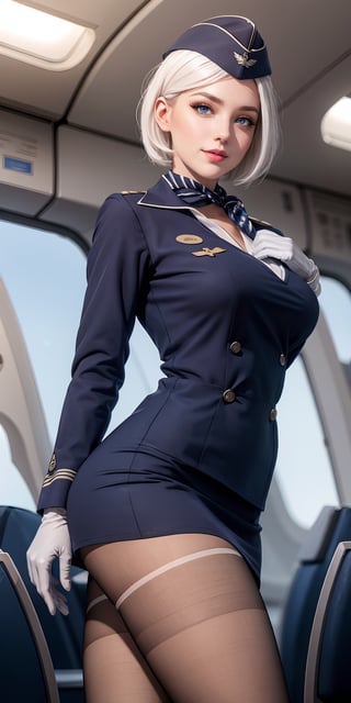 More Detail, Detailedface, Detailedeyes, ((1 girl, adorable, happy)), ((Stewardess, dark blue uniform, garrison cap, white gloves, pantyhose, miniskirt)), (white hair, short hair, blue eyes, makeup), (large breasts, large ass, thick thighs, wide hips, abs, voloptuous),Stewardess