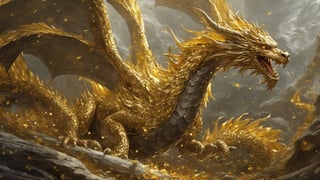 "Envision a majestic dragon, a beacon of opulence and wealth, its entire being a radiant display of golden splendor. Its expansive scales are the hue of pure gold, each reflecting the light like the finest bullion, and engraved with ancient symbols of prosperity. In its mighty talons, it grasps a treasure trove, brimming with golden coins and sparkling with a wealth of jewels. The dragon's eyes are a brilliant golden yellow, with flecks that catch the light like flecks of gold leaf, exuding a sense of luxury and grandeur. As the dragon majestically traverses the firmament, it trails a luminous golden mist and a cascade of golden leaves that mimic the look of currency in a windfall, signifying a ceaseless stream of affluence. It soars against a backdrop where the stars themselves take on the golden shimmer of coins, and nebulae swirl with the luster of liquid gold. This magnificent dragon is a symbol of ultimate fortune, its golden presence heralding a time of unparalleled prosperity and good fortune for all who gaze upon it."






