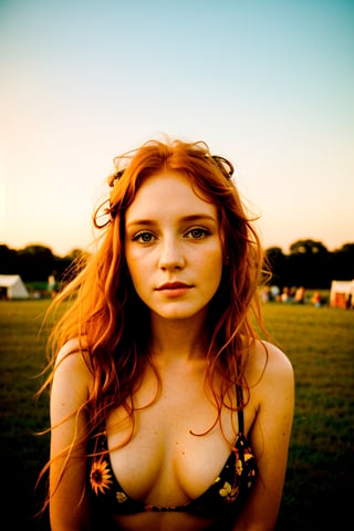 portrait photograph, cute hippy female, skinny, beautiful, dreamlike, ginger hair, festival, sunset, dramatic light,dream_girl,film_grain