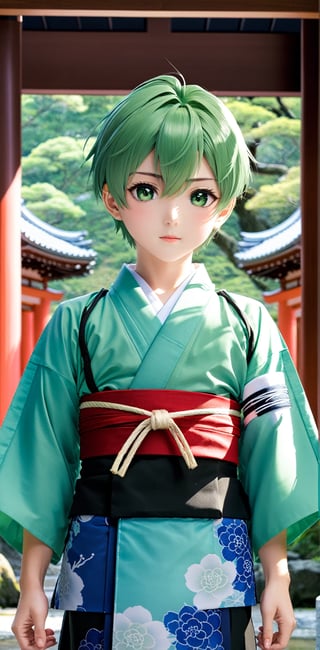 ((Masterpiece: 1.4, best quality)), 1Boy, green and short hair and eyes,( Light blue Hakama: 1.2), the background is a temple of Japan.