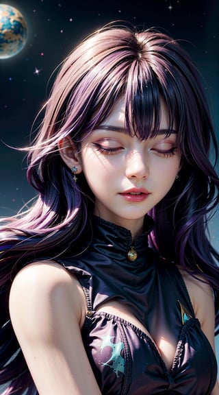 a fantasy illustration of a woman with a very deep look with the planets orbiting and stars shining on each side of her, 1girl, solo, closed eyes,/Tokoyami Towa/, purple hair, multicolored hair, more prism light background, sparking vibrant color,goth girl,gothic,makeup