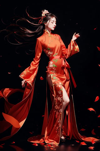 best quality,
1girl, solo, petals, closed eyes, hair ornament, dress, jewelry, black background, full body, black hair, long sleeves, red dress, sash, earrings, chinese clothes, floating hair, simple background, standing, closed mouth, hanfu
rackanimal,black background,