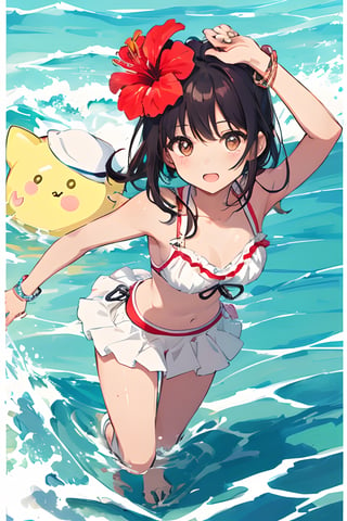 Sketch of hibiscus, tanned skin, dark hair, energetic, summer aesthetic, ocean aesthetic, semi tropical, Okinawa, Okinawan, poster, vibrant colors, color splash, high quality, detailed, best quality, sanrio aesthetic, kawaii, kawaii aesthetic, kawaii art