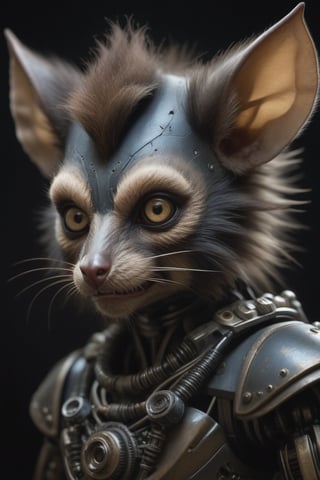 Award-winning photographer captures a hauntingly realistic image of a fierce anthro robot aye-aye, its snarling face illuminated by the faint glow of mechanical components (1.3). Framed against a dark, ominous background, the warrior's menacing gaze seems to pierce through the shadows. Victorian Era-inspired textures bring realism to its fur and skin, while an eerie stillness in the air hints at a battle-scarred past.