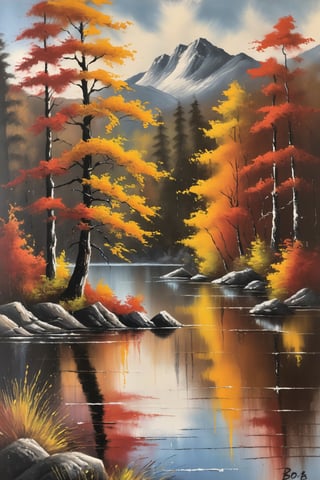 antique wet on wet oil painting of a lake scene, surrounded by trees, Autumn, vibrant natural colours,| painted with thick brush, award winning painting by Bob Ross, 