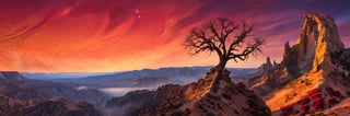 Majestic extraterrestrial terrain stretches across the frame, bathed in a warm, golden light that casts long shadows on the eerie rock formations. A lone, glowing tree stands sentinel against the crimson sky, while wispy tendrils of mist dance in the foreground. The composition is divided by a diagonal ridgeline, drawing the viewer's eye to the horizon where stars twinkle like diamonds.