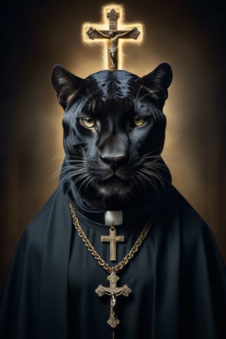 Award-winning photographer captures a hauntingly realistic image of a fierce panther, its snarling face illuminated by the (faint glow of a crucifix:1.2). Framed against a dark, ominous background, dressed as a (priest:1.3), luxurious fabrics and fur trims, his menacing gaze seems to pierce through the shadows. Victorian Era-inspired textures bring realism to its fur and skin, while an eerie stillness in the air hints at a battle-scarred past.